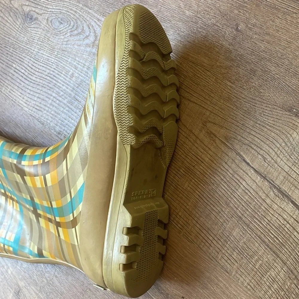 Vintage Sperry top side rain boots Woman’s 8 Plaid, brown, blue, orange, yellow - Picture 4 of 6